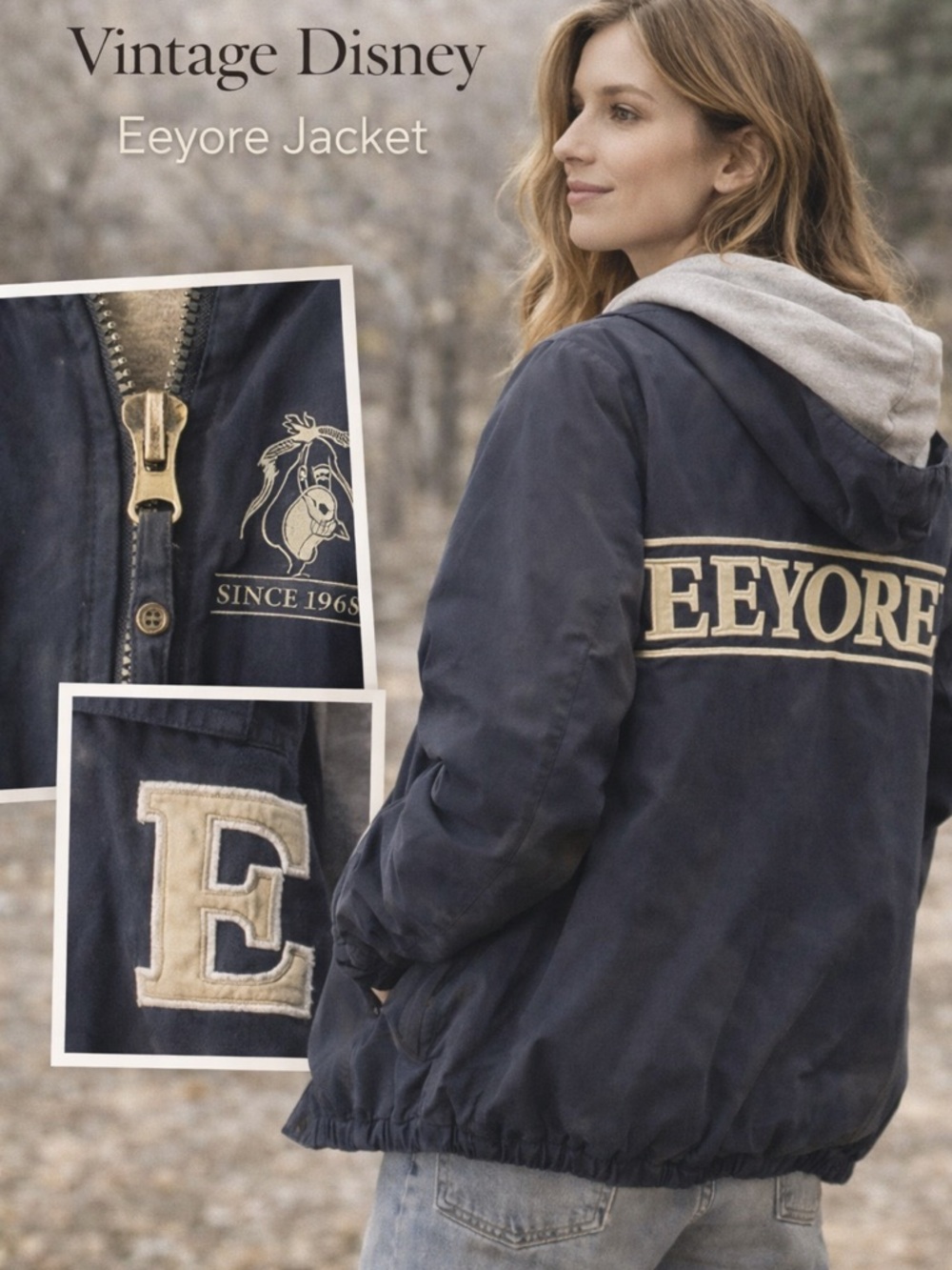 Vintage Disney Store Eeyore Hooded Varsity Jacket Navy Gray Size Medium